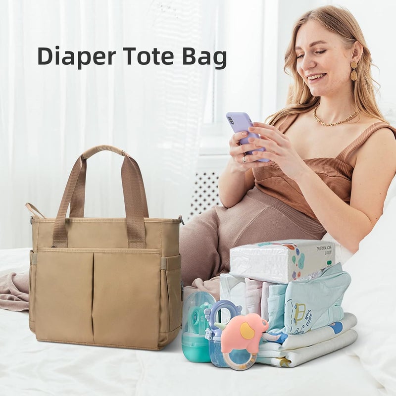 PHEBEN Store Diaper Bag Tote Satchel Waterproof Messenger Baby Diaper Bags for Mom and Dad Multifunction Medium Travel Tote Bags (Khaki) - Image 2